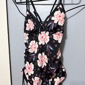 Avia Black and Pink Floral Swim Bodysuit